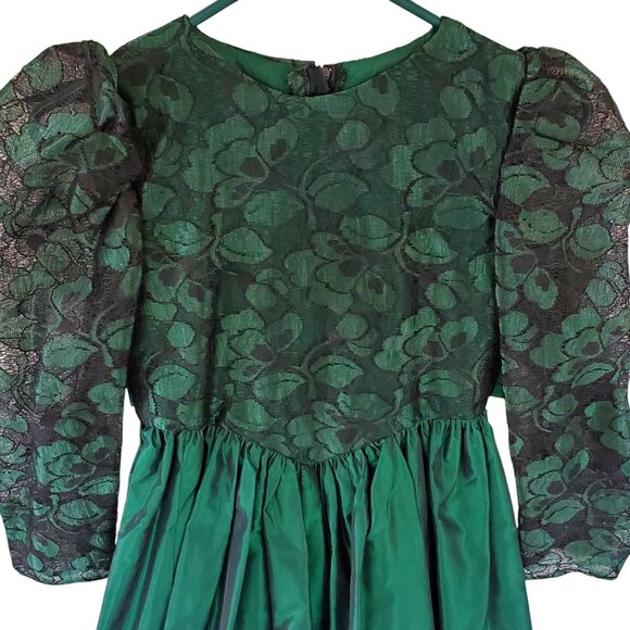 Vintage Formal Party Dress Girl's 12 Green Taffeta Tulle Hi Lo Zipper Tie Back - Picture 6 of 12